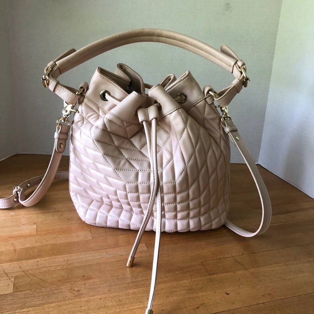 Badgley Mischka Cream With Hint of Pink Quilted Leather Bucket Bag